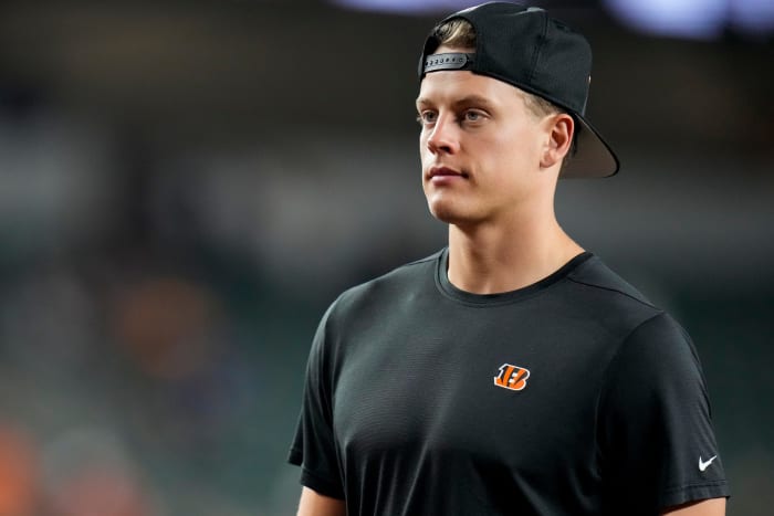 Cincinnati Bengals quarterback Joe Burrow looks on during a game.